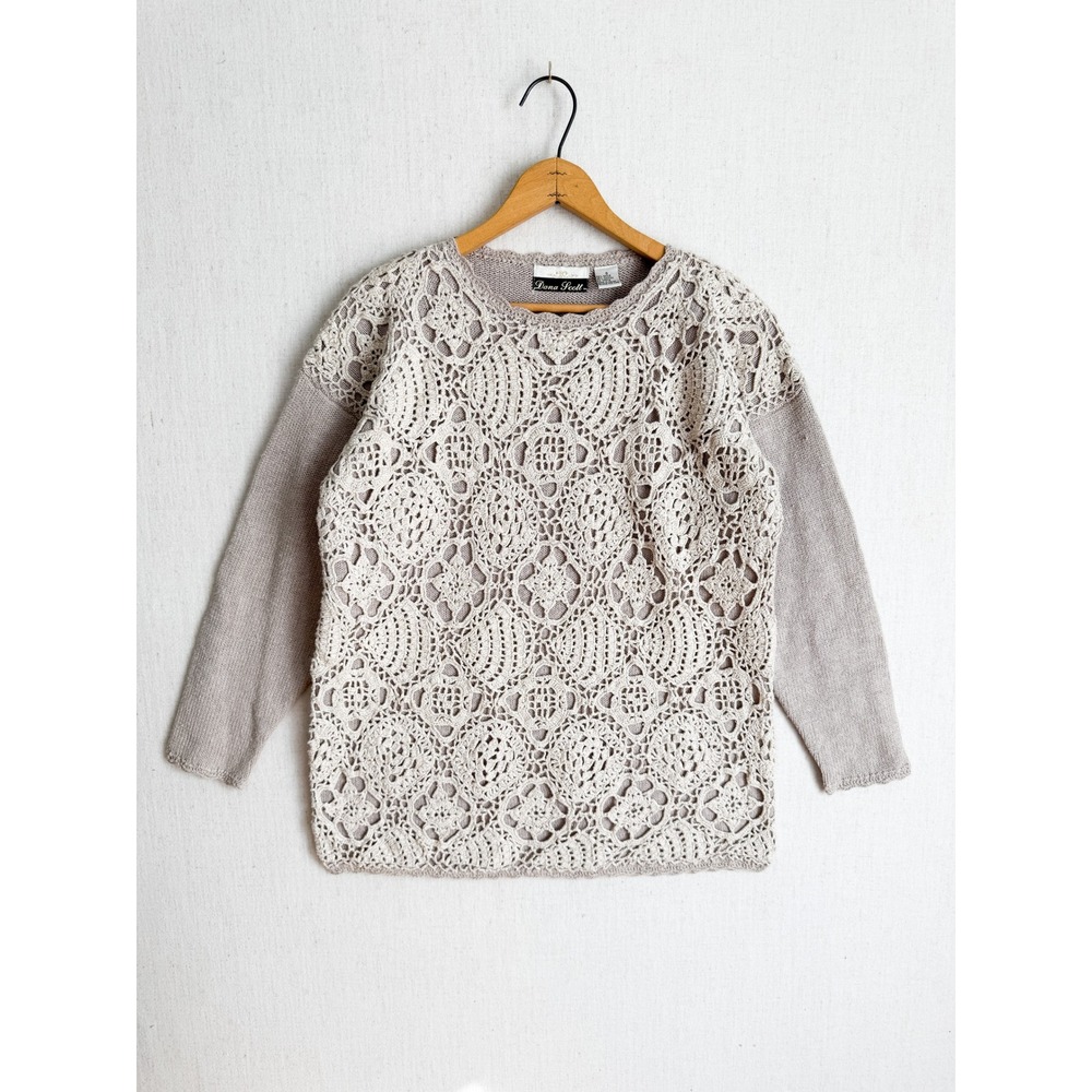Dana Scott Vintage Crochet Floral Knit Sweater Taupe Ramie Cotton Women Small
